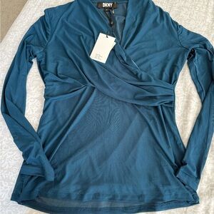 DKNY Teal Long Sleeve Wrap Blouse